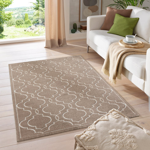 Outdoor Teppich Wetterfest Waschbar im modernen Florentiner Design | Für Drinnen und Draußen | Terrasse Balkon Garten Wohnzimmer Badezimmer Küche | Beige Florentiner